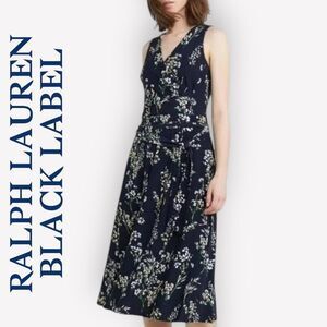 LAUREN RALPH LAUREN Carana Faux Wrap Midi Dress Belted Navy Floral EUC Size 8